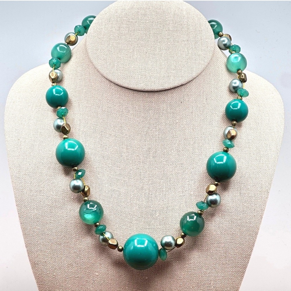 Boutique Green Teal Moonglow Beaded Statement Necklace Boho Frosted Gold Accents
